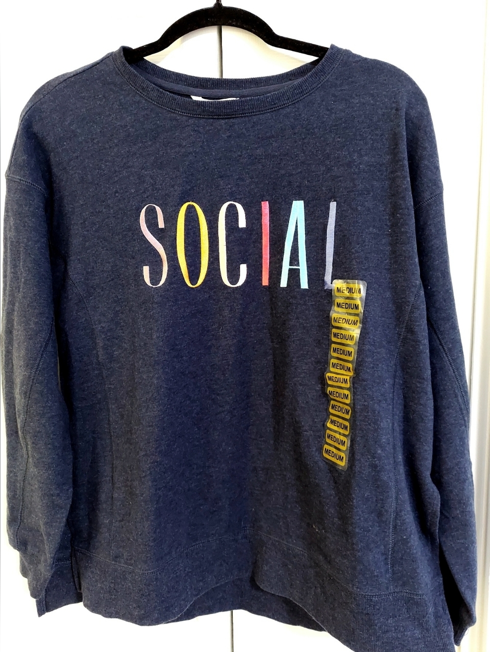 Wildfox Sweater, NEW! Size Medium, Blue Scoop neck, Embroidered "SOCIAL"
